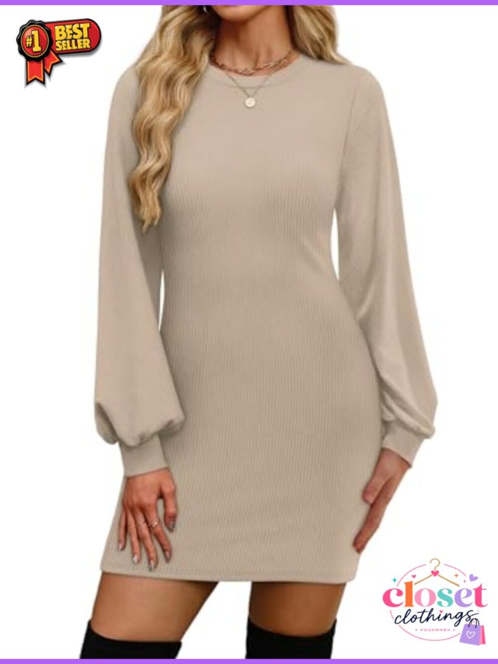 Puff Long Sleeve Bodycon Sweater Dress Ribbed Knit Midi
